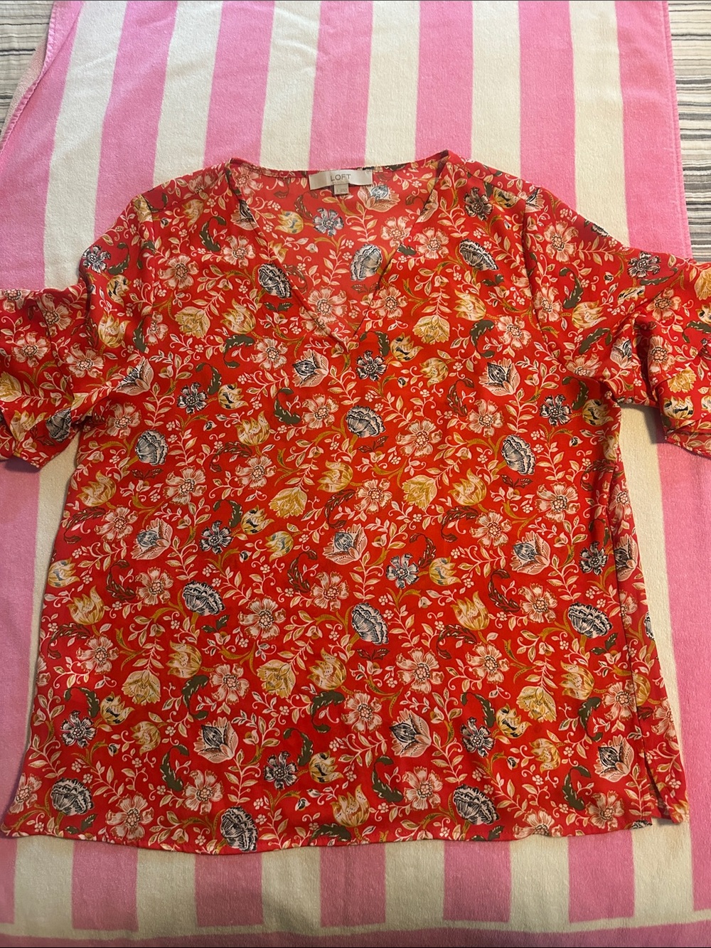 LOFT Red Floral blouse with Yellow and Cream Accents